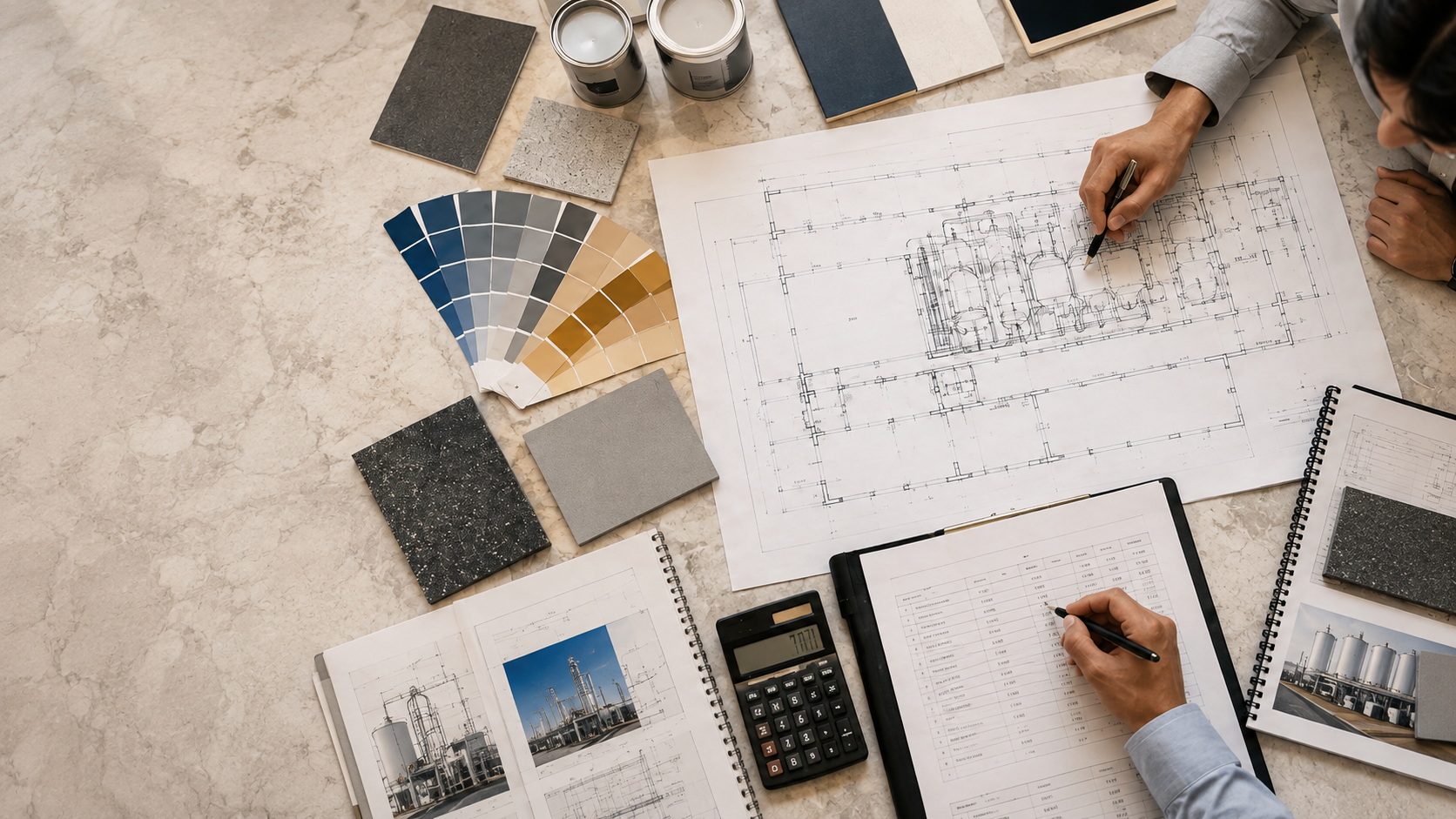 Drawings, color cards, and cost materials used in coatings manufacturing investment assessment.