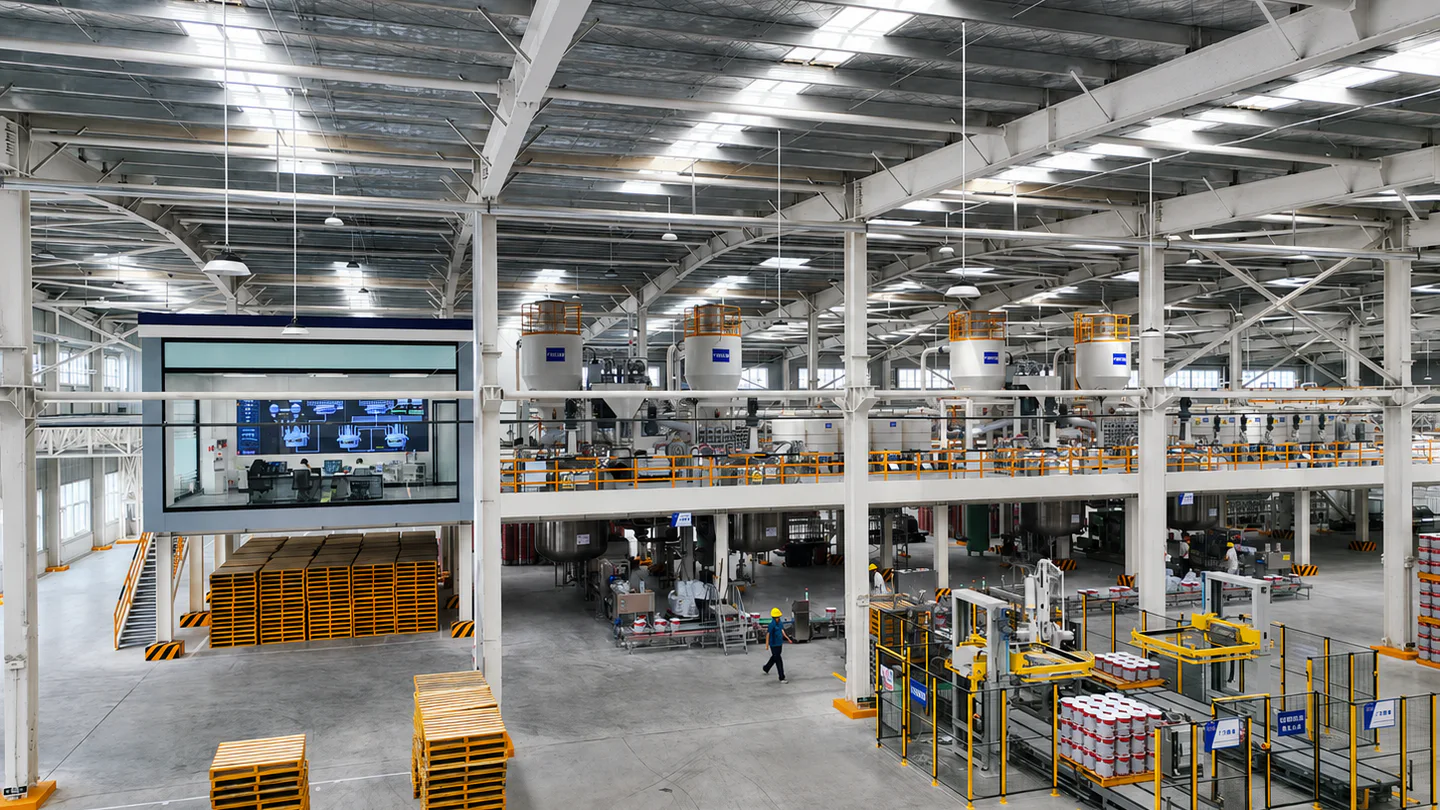 Automated paint production workshop with mixing, filling, and palletizing equipment