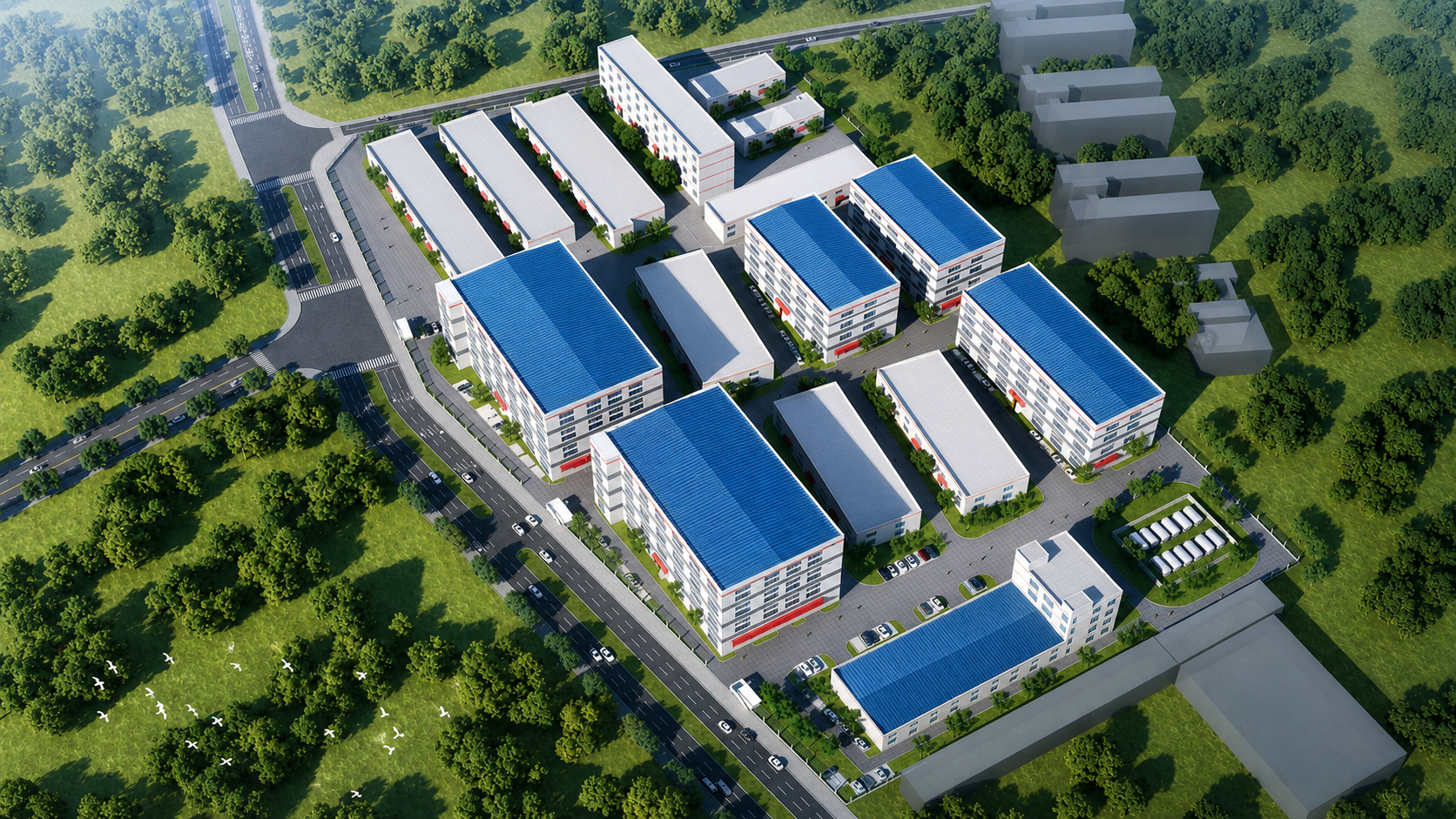 Aerial rendering of an industrial park.