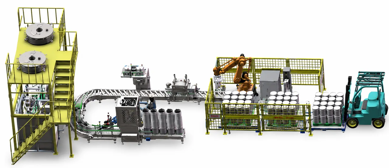 Automated coatings filling, palletizing, and forklift production line