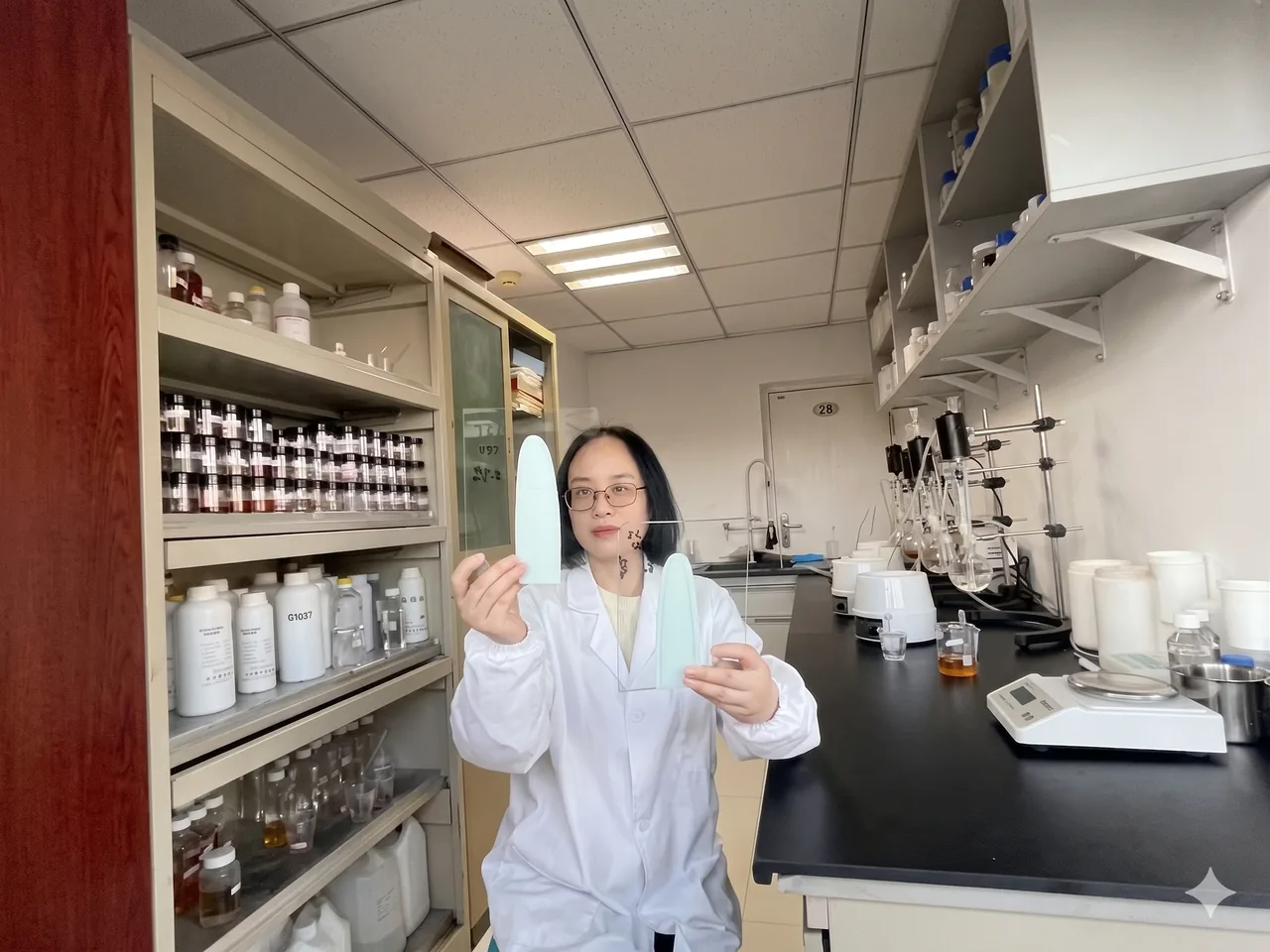 Coatings laboratory researcher presenting coated-panel samples