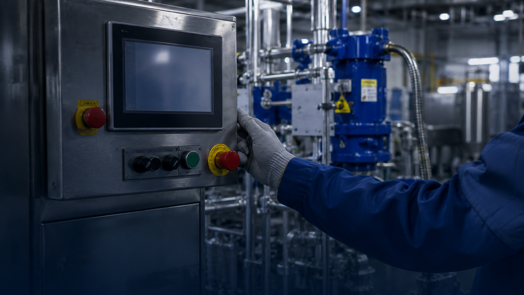 Operator setting up production equipment during factory start-up.