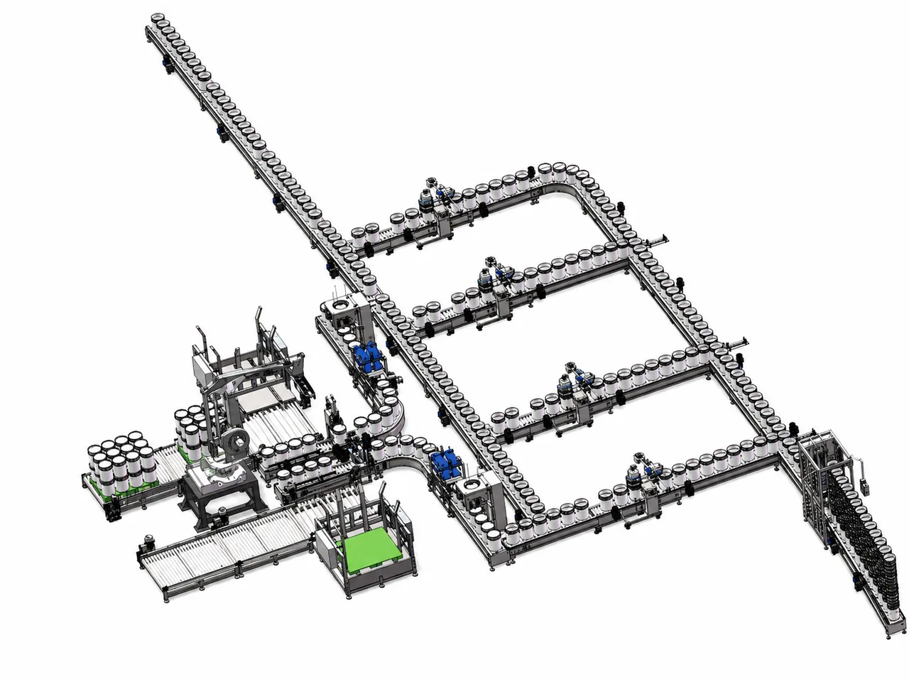 Automated conveyor and filling line for coatings containers